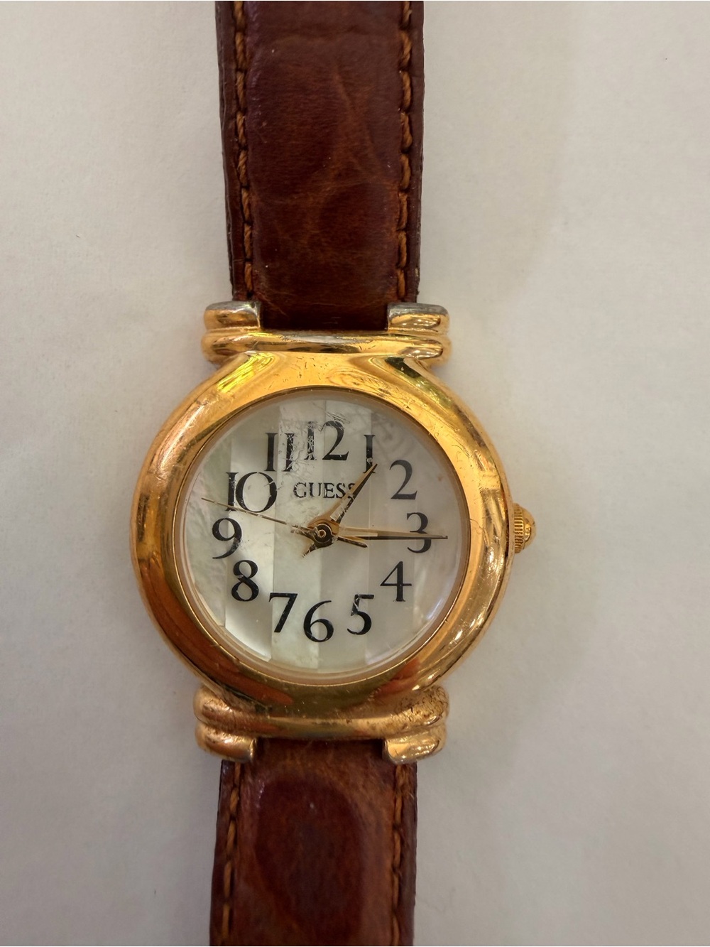 Vintage 1995 Guess Women’s Watch Mother of Pearl Dial Brown Leather Strap